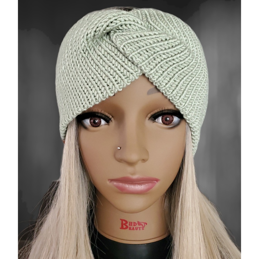 Handmade Knit Twisted Headband | Green Winter Ear Warmer | Cozy Knit Hairband